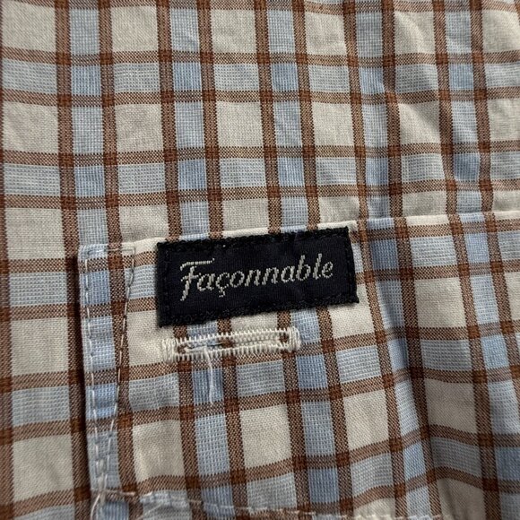 Faconnable Short Sleeve Button Up Shirt Men Cotton XL Classique Blue Brown Check - Picture 9 of 10